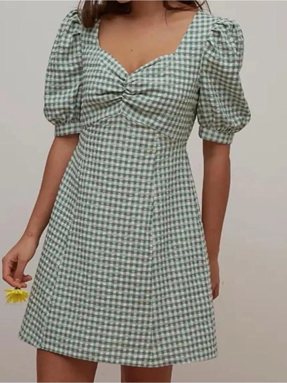 Nobody’s Child sz 10 Gingham Puff-Sleeve Mini Dress in Sage Green